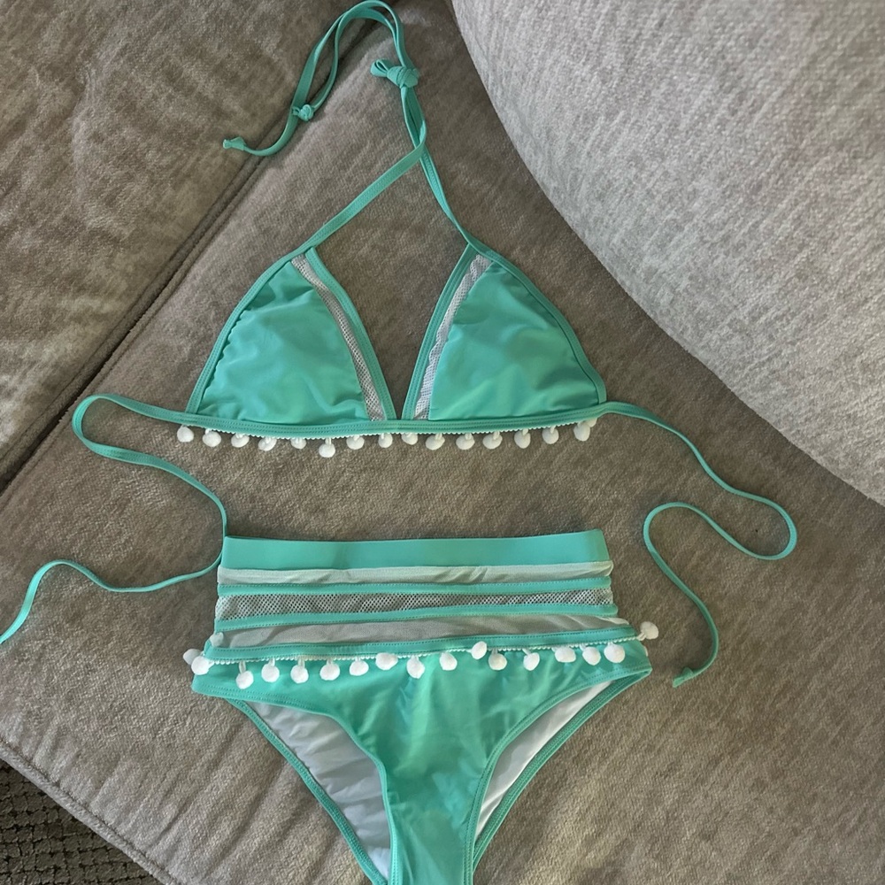 Aqua Bikini Set with Pom Pom Trim